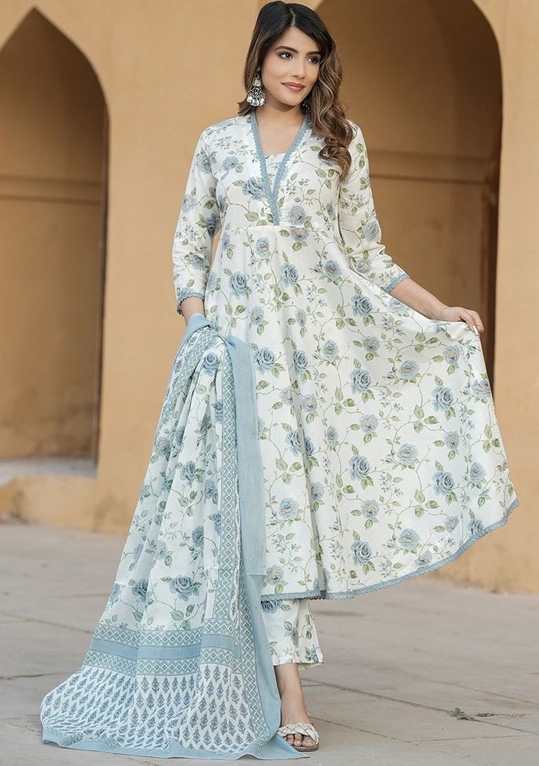 Floral Cotton Suit Set with Chanderi Dupatta