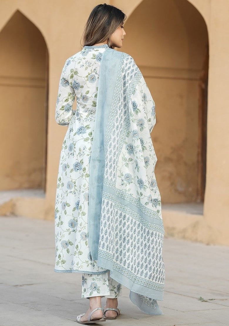 Floral Cotton Suit Set with Chanderi Dupatta