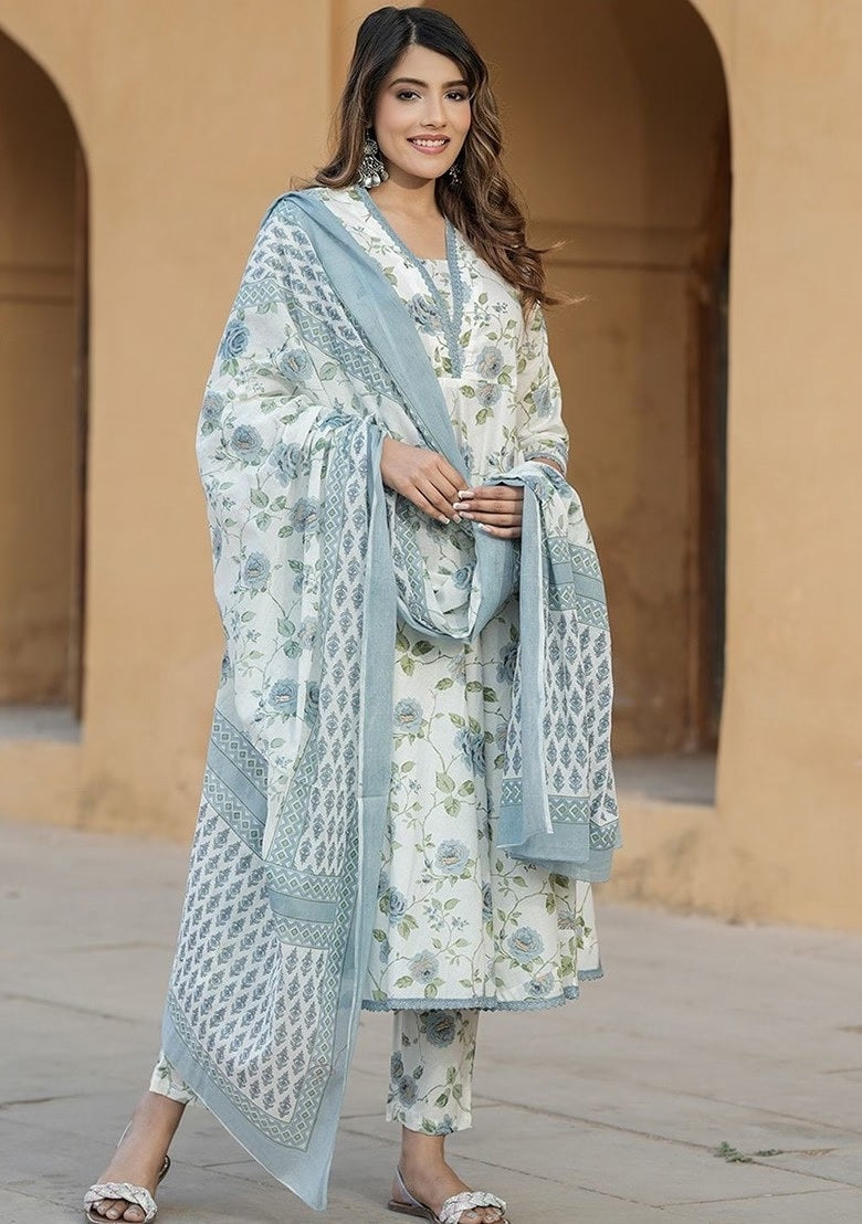 Floral Cotton Suit Set with Chanderi Dupatta