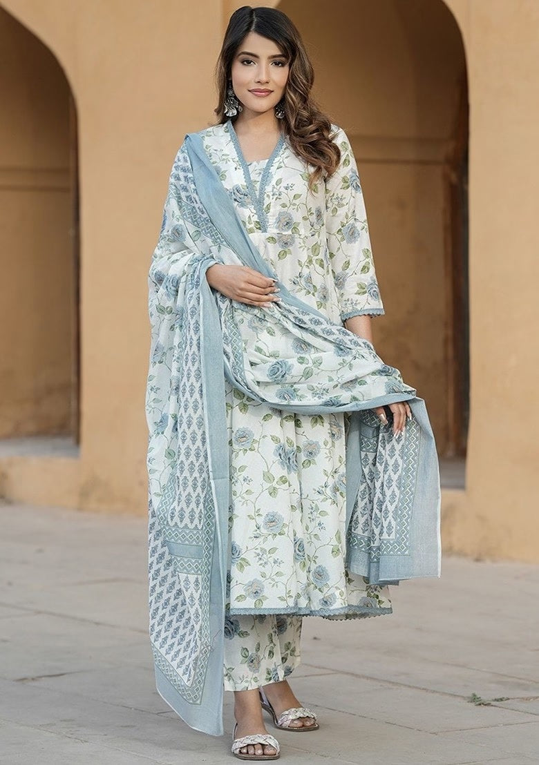 Floral Cotton Suit Set with Chanderi Dupatta