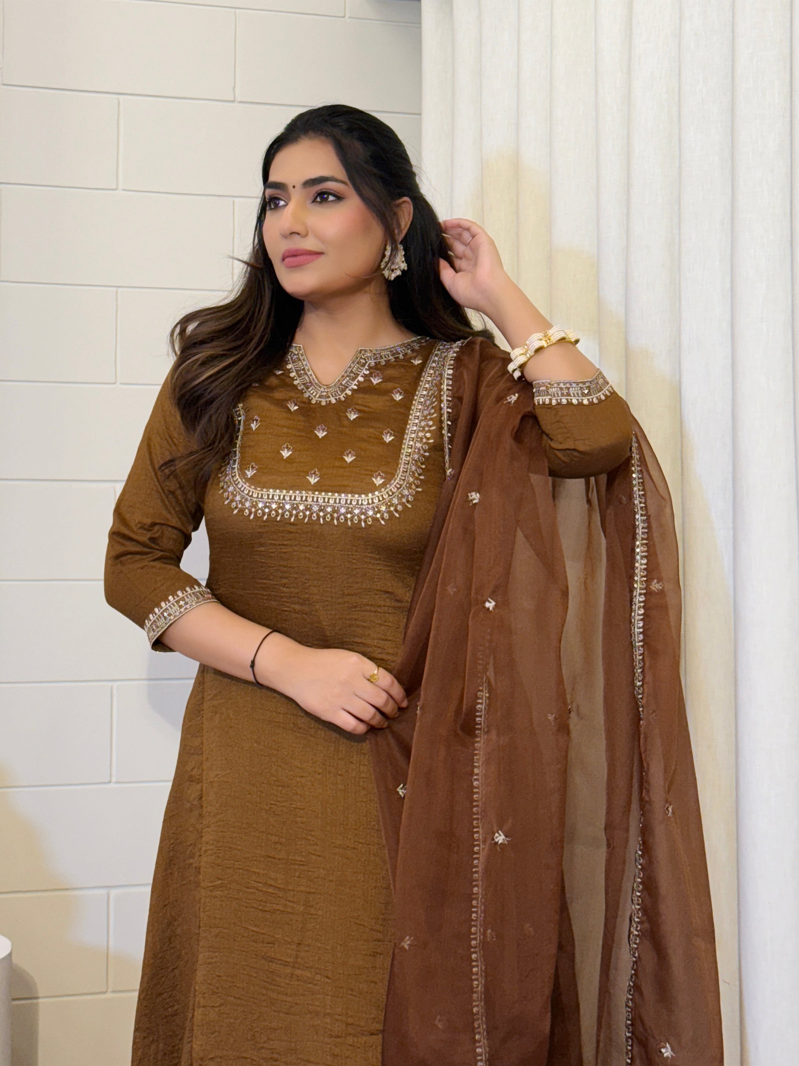 Vichitra Silk Embroidered Suit with Organza Dupatta