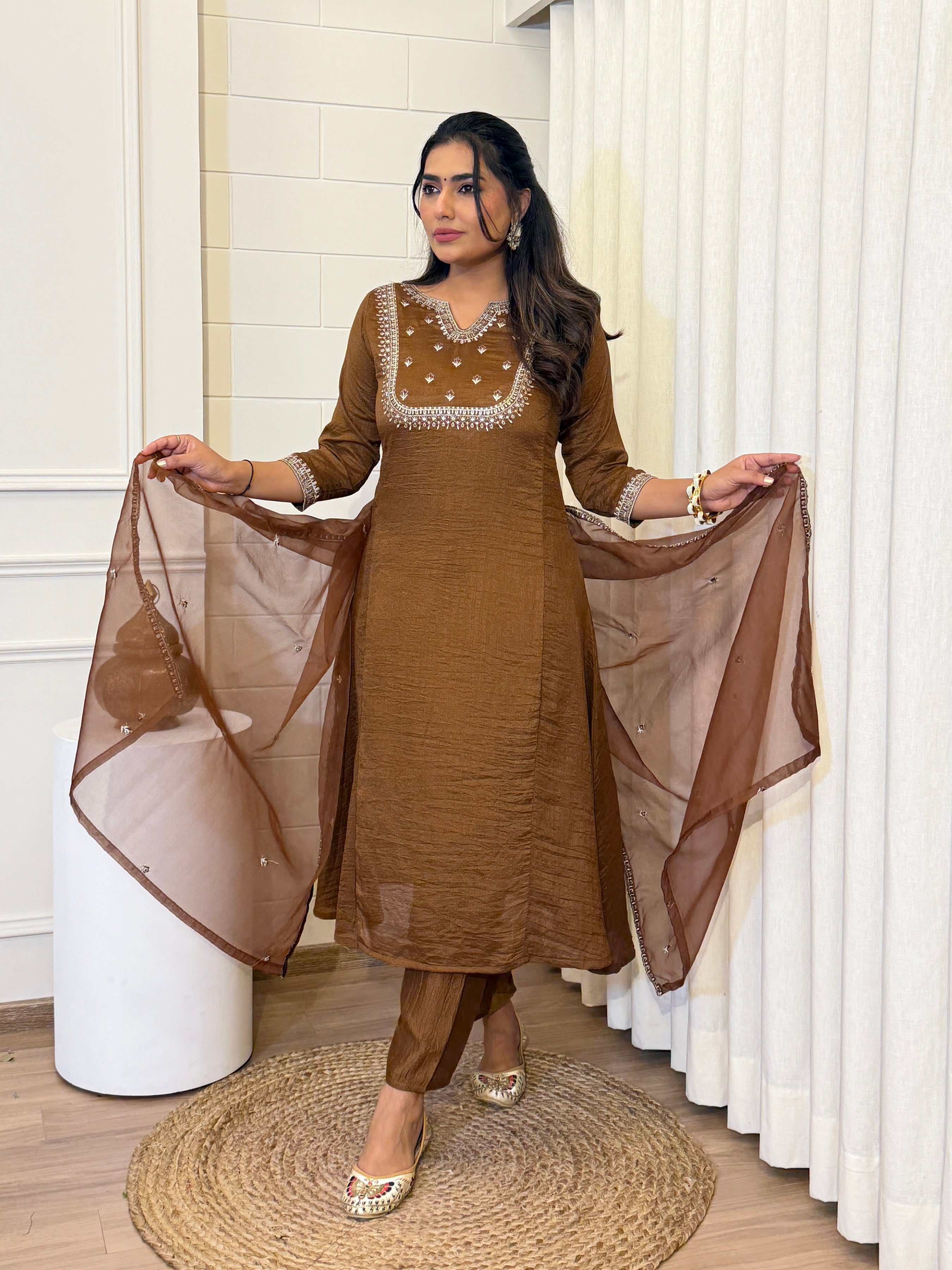 Vichitra Silk Embroidered Suit with Organza Dupatta