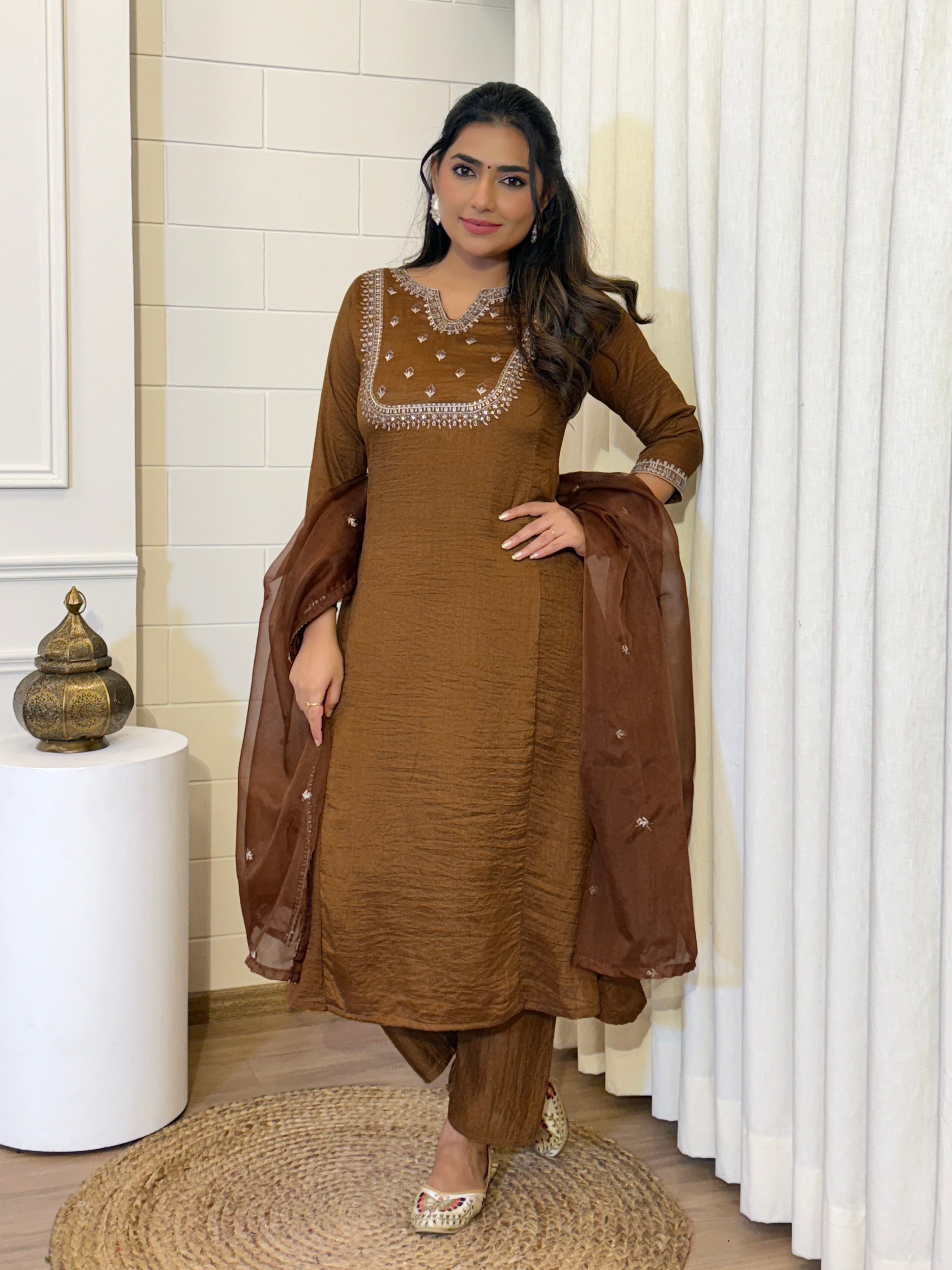 Vichitra Silk Embroidered Suit with Organza Dupatta