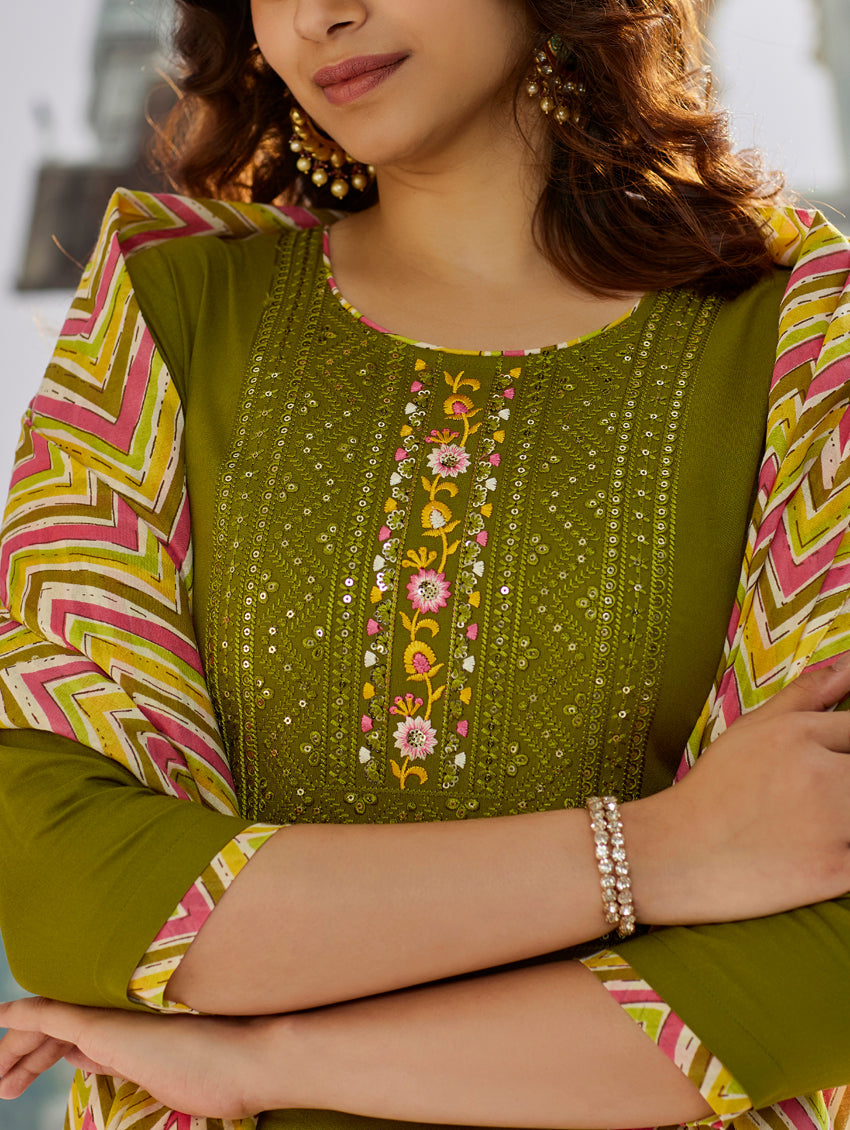 Muslin Cotton Embroidered Suit with Chanderi Dupatta