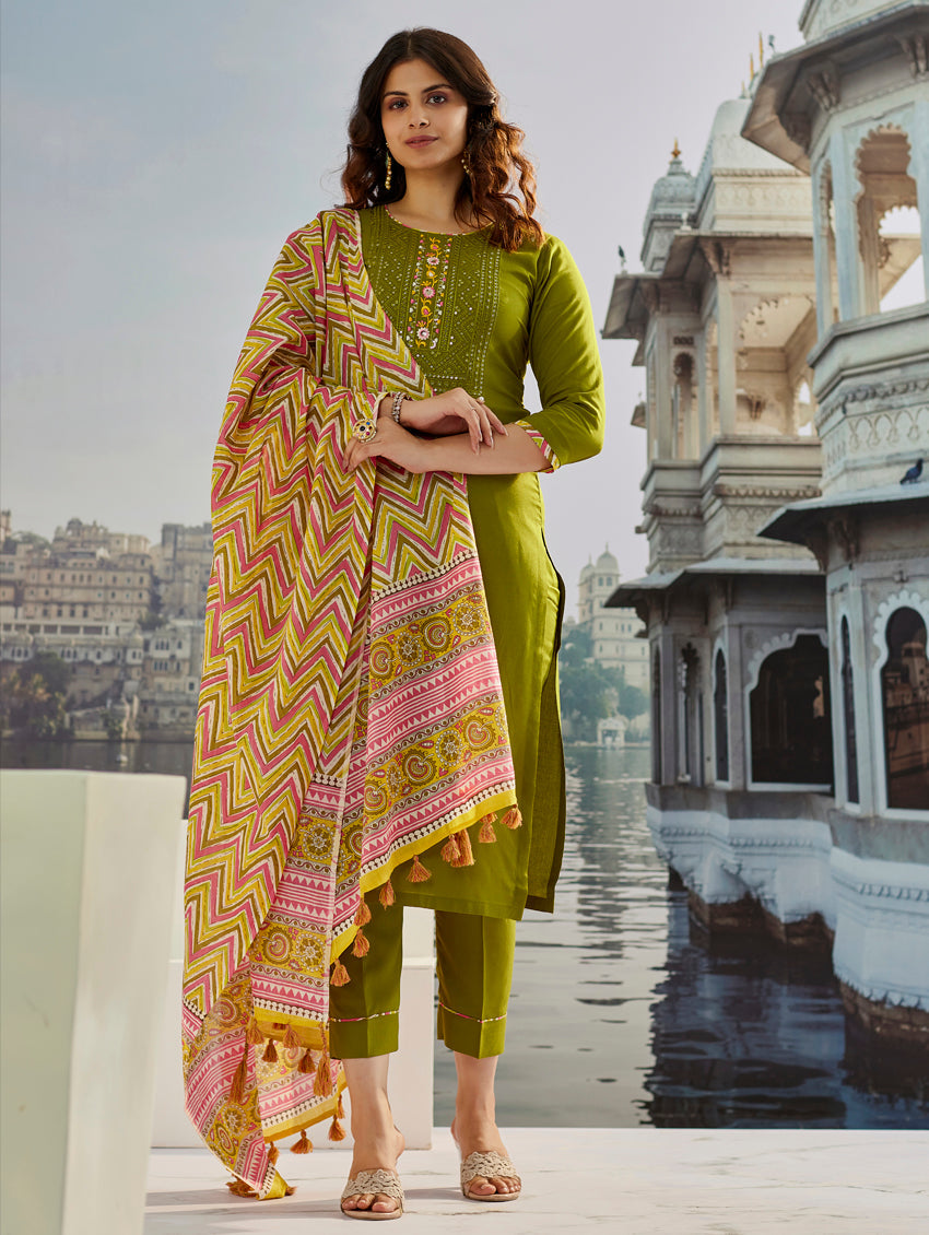 Muslin Cotton Embroidered Suit with Chanderi Dupatta