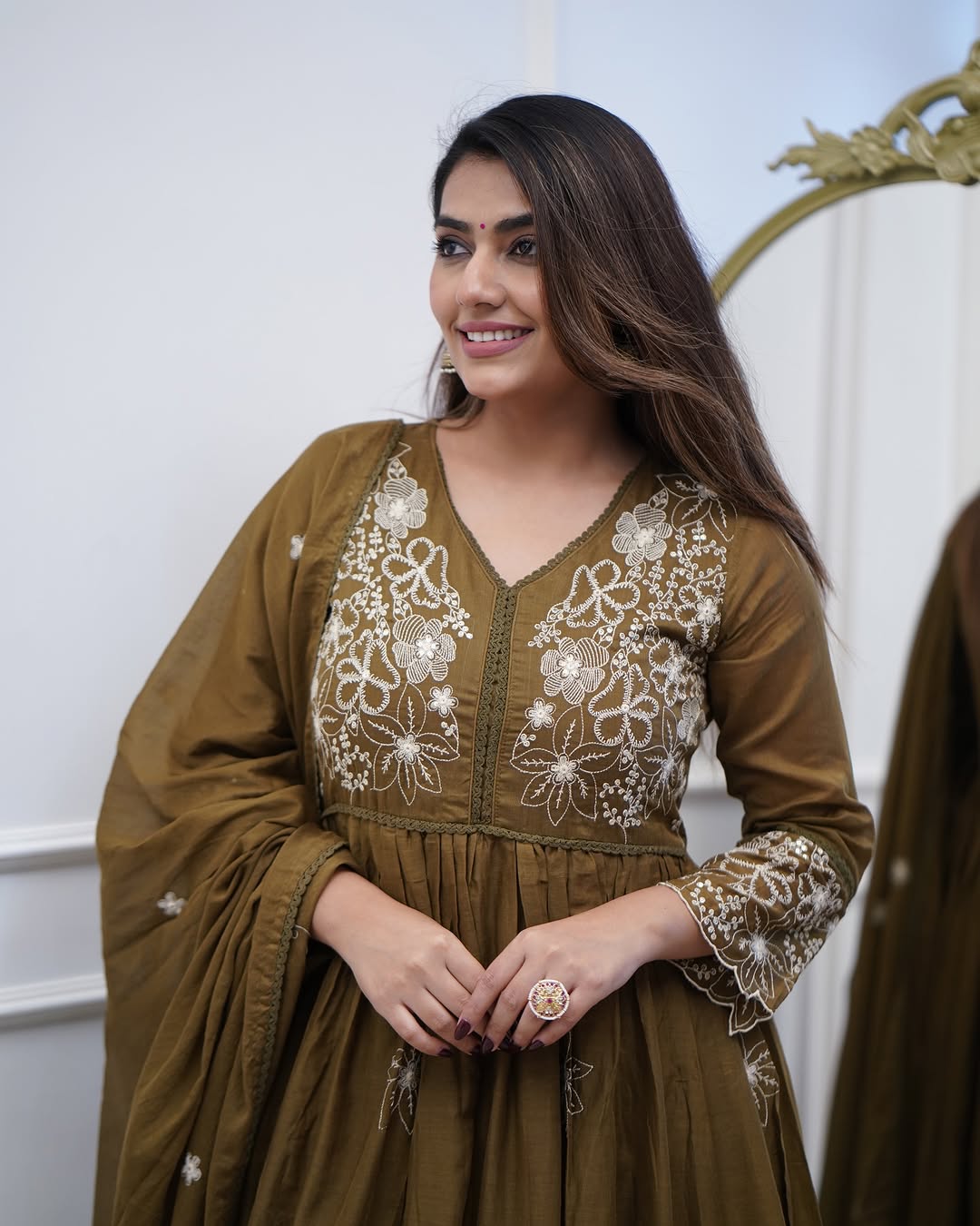Designer Cotton Silk Gown Set with Heavy Embroidery & Chanderi Dupatta