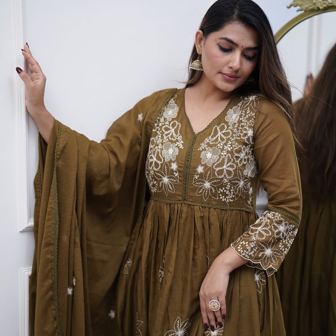 Designer Cotton Silk Gown Set with Heavy Embroidery & Chanderi Dupatta