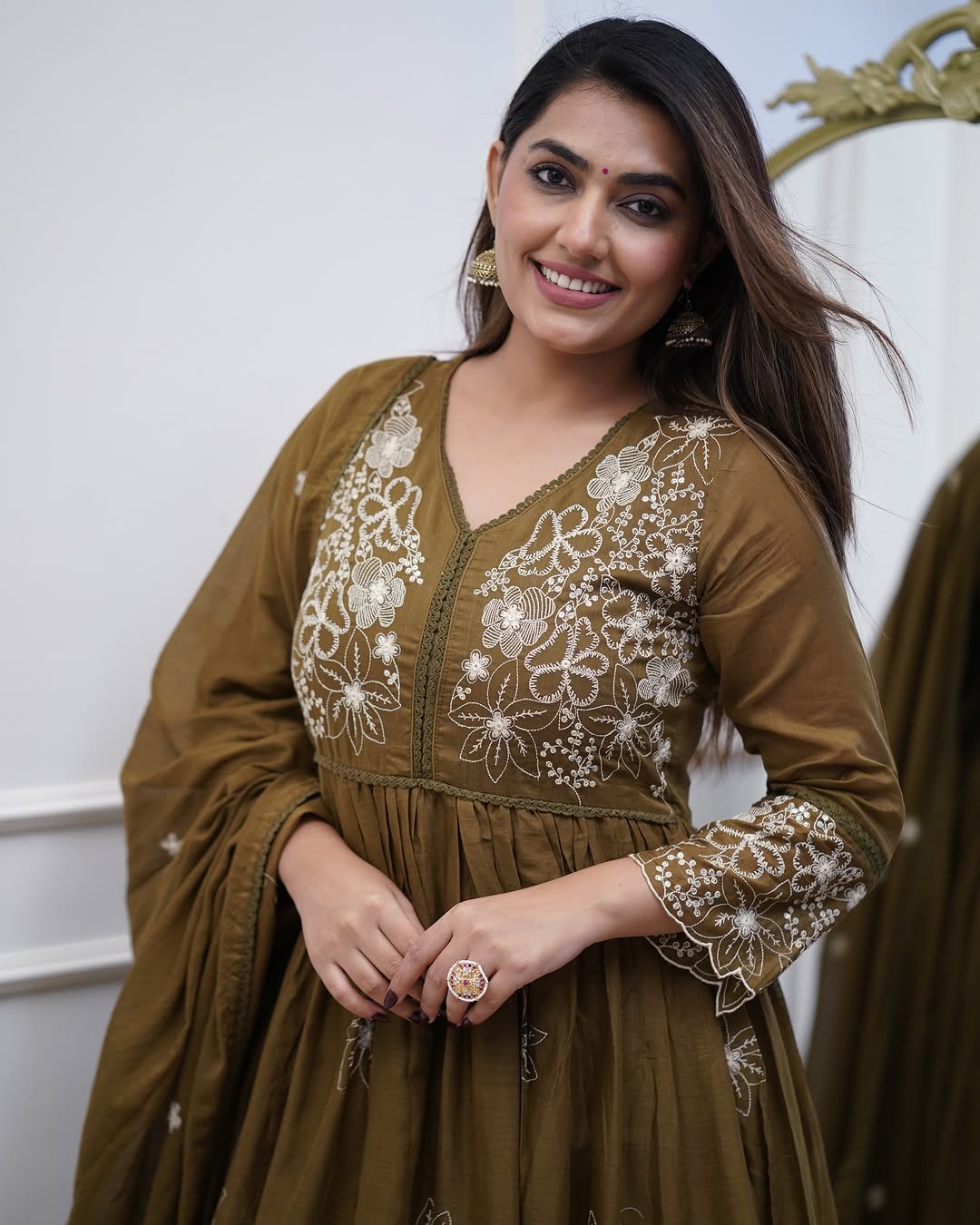 Designer Cotton Silk Gown Set with Heavy Embroidery & Chanderi Dupatta