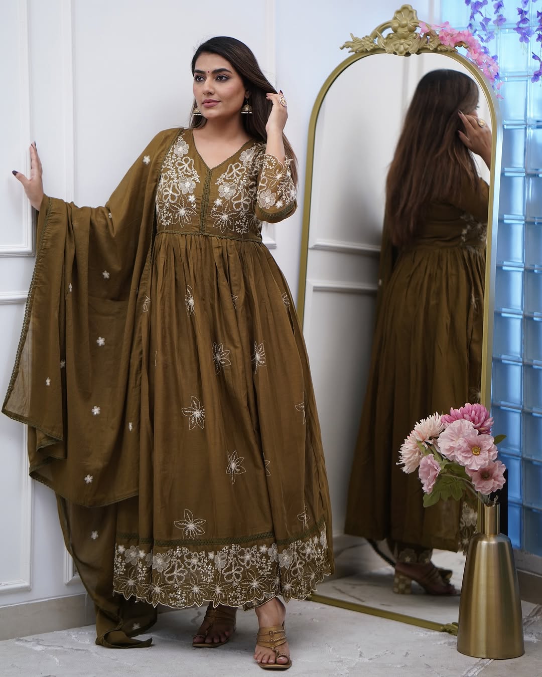 Designer Cotton Silk Gown Set with Heavy Embroidery & Chanderi Dupatta