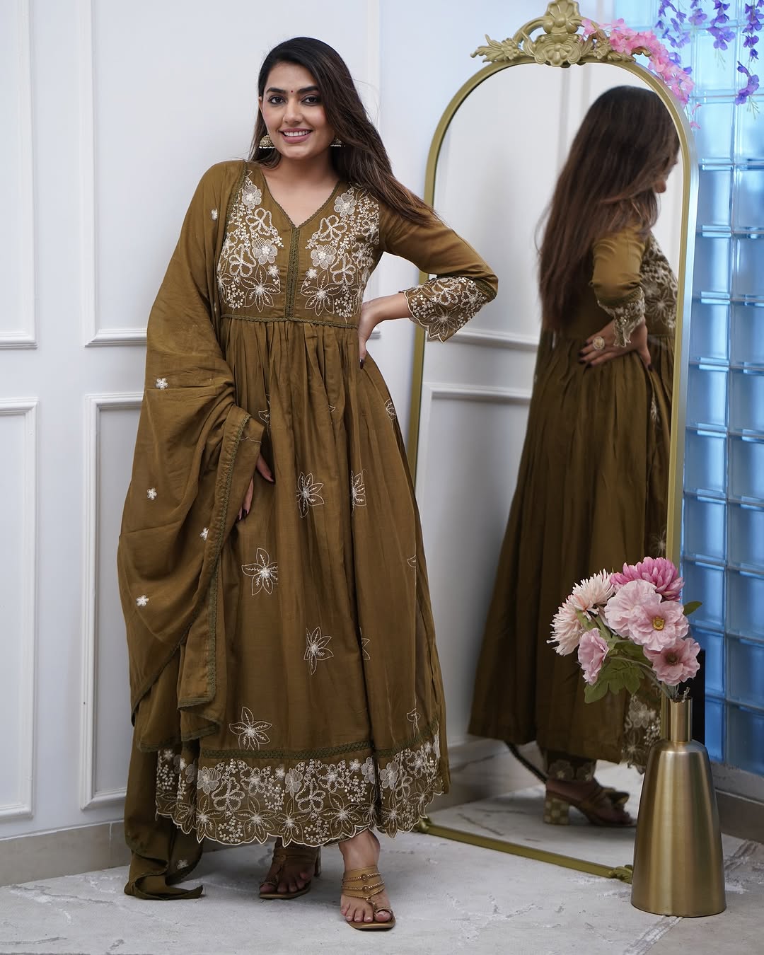 Designer Cotton Silk Gown Set with Heavy Embroidery & Chanderi Dupatta