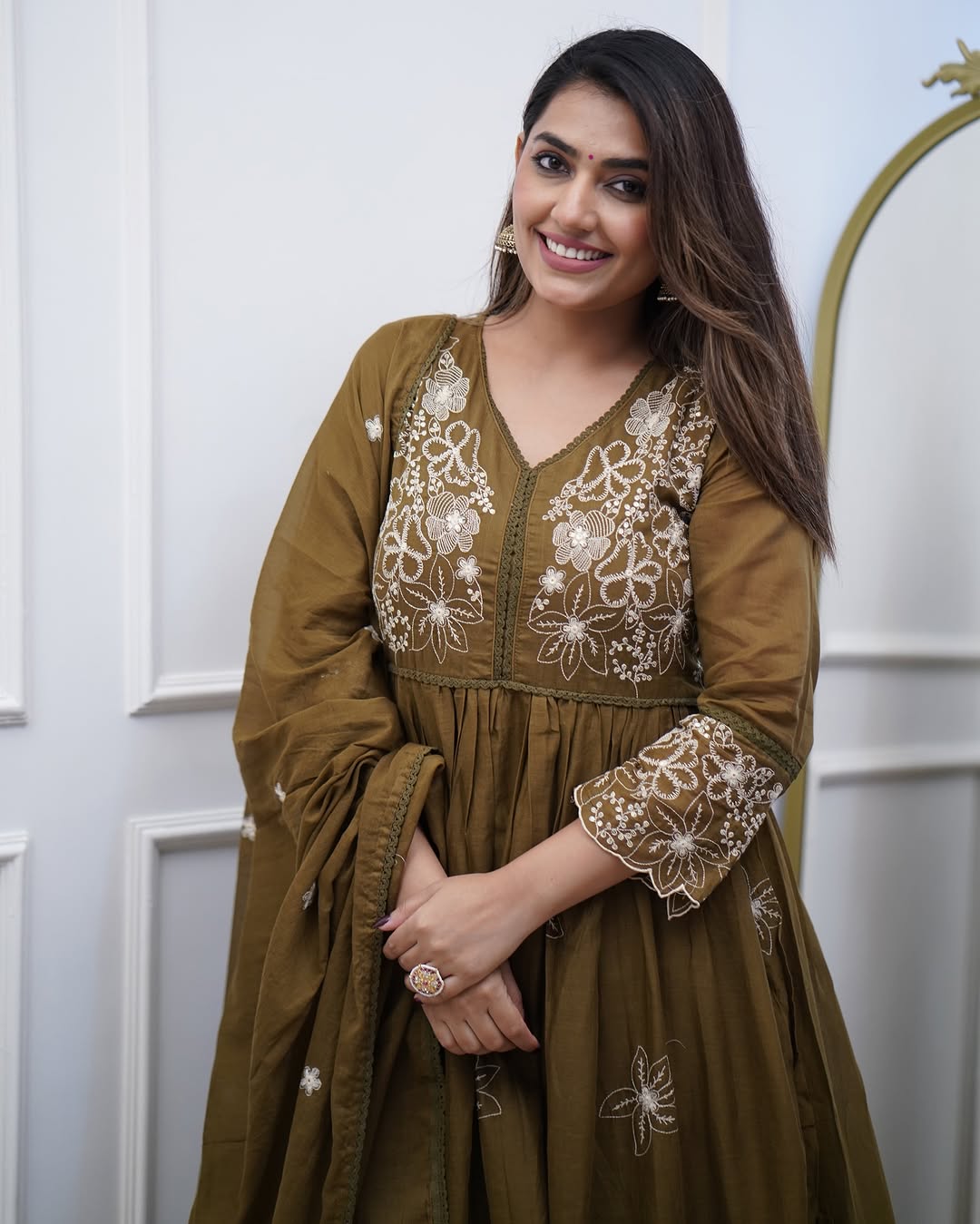 Designer Cotton Silk Gown Set with Heavy Embroidery & Chanderi Dupatta