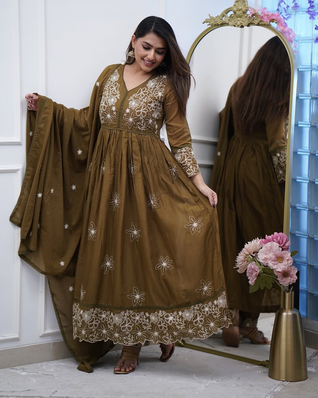 Designer Cotton Silk Gown Set with Heavy Embroidery & Chanderi Dupatta