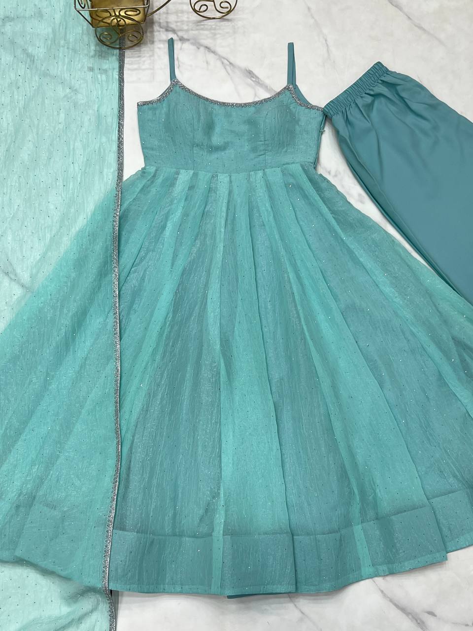Sky Color Sleevless Anarkali Gown Set - Aarti Chauhan