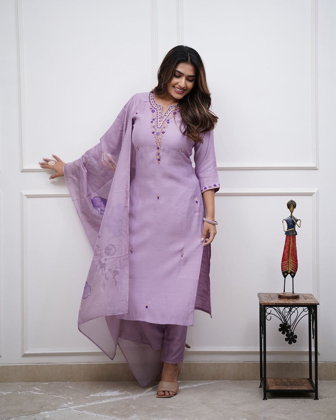 Embroidered Rayon Slub Kurti Pant Set with Chanderi Dupatta