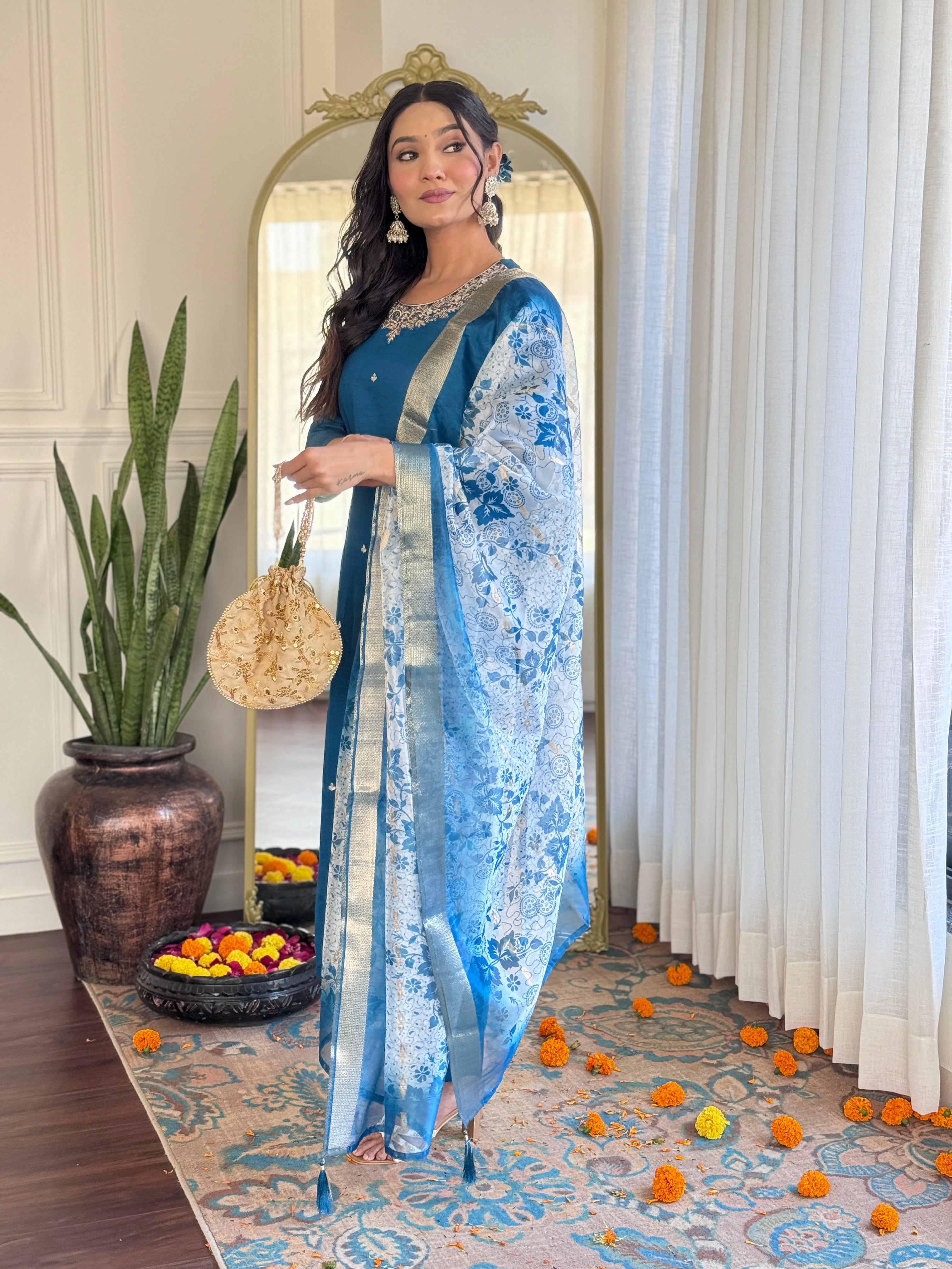 Women’s Roman Silk Embroidered Suit Set with Organza Jacquard Butti Dupatta