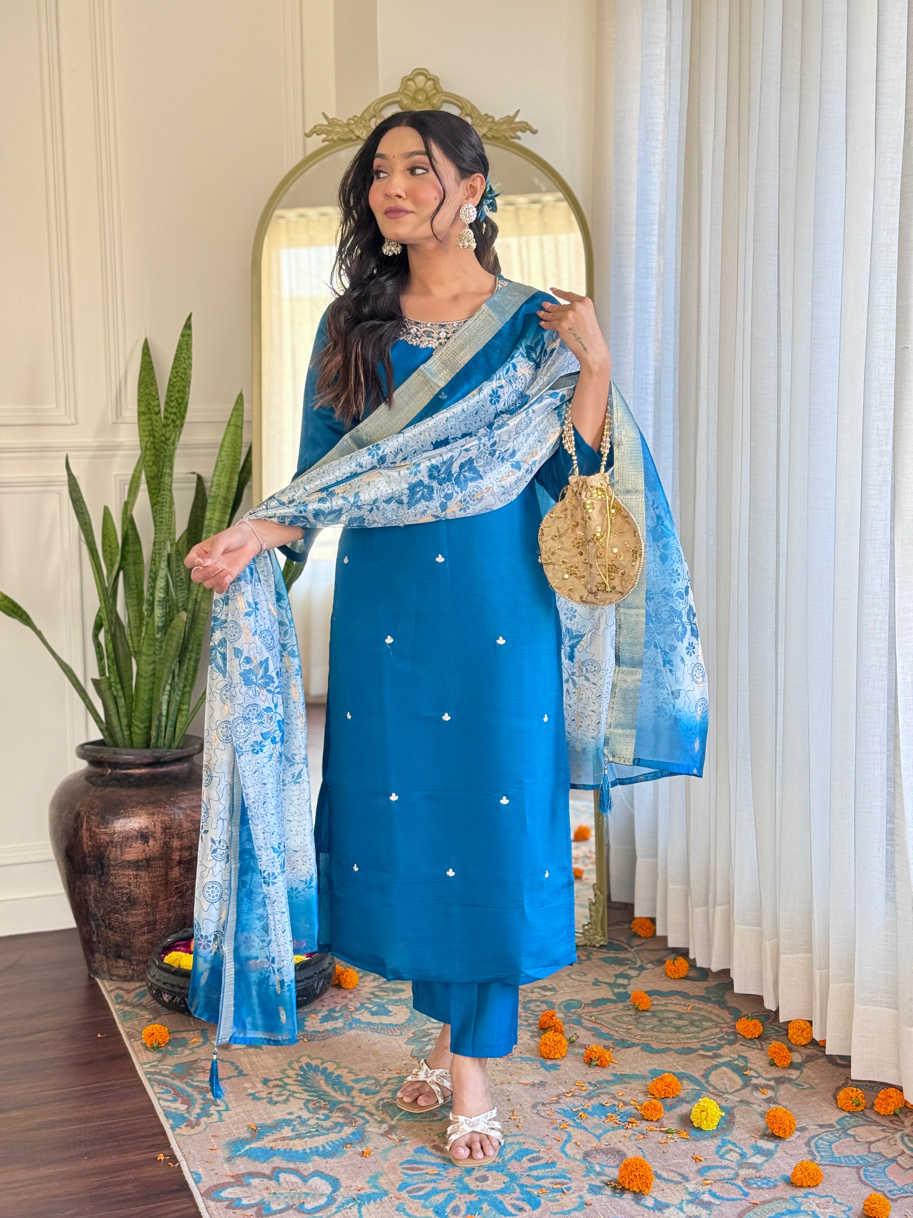 Women’s Roman Silk Embroidered Suit Set with Organza Jacquard Butti Dupatta