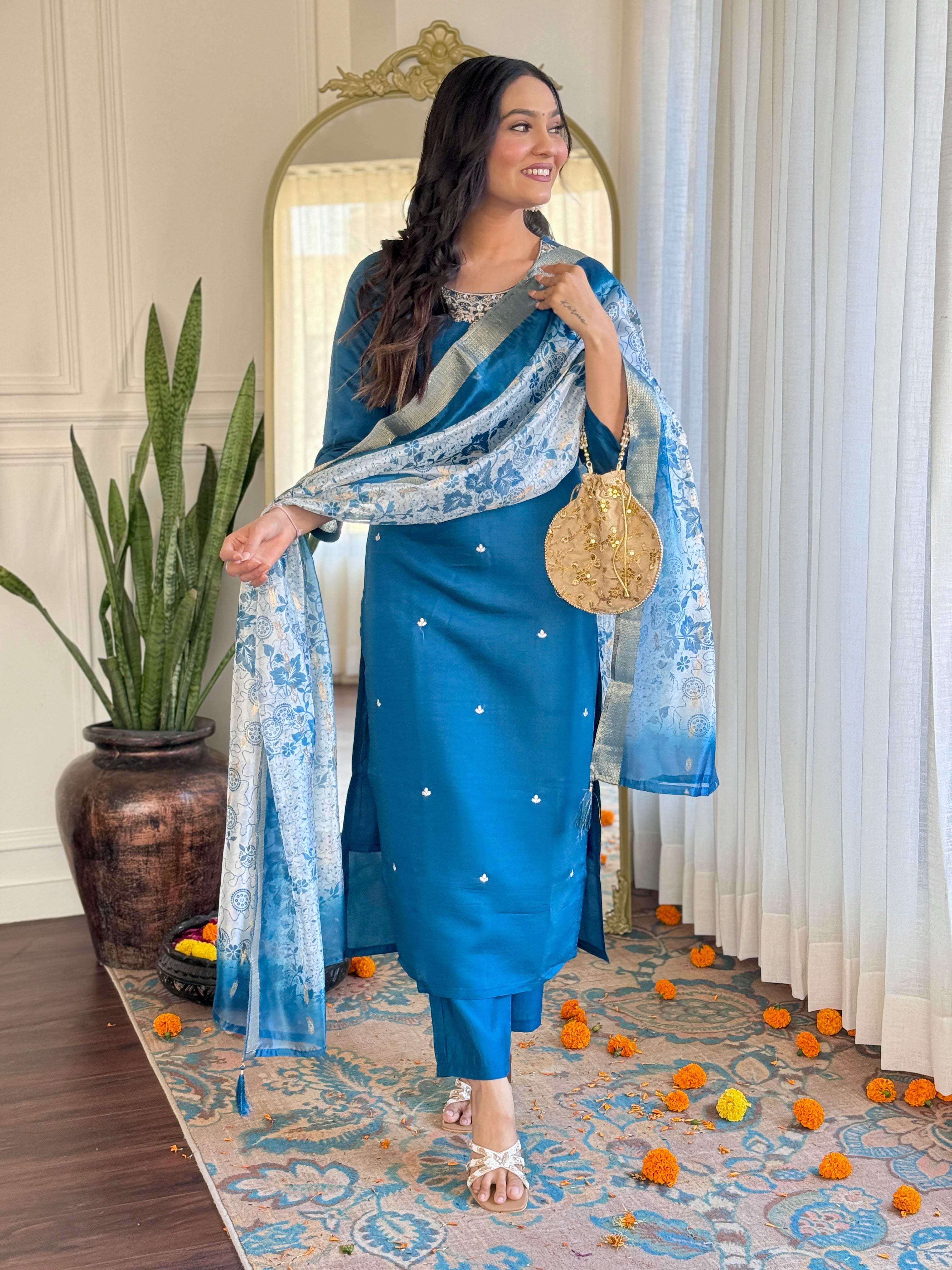 Women’s Roman Silk Embroidered Suit Set with Organza Jacquard Butti Dupatta