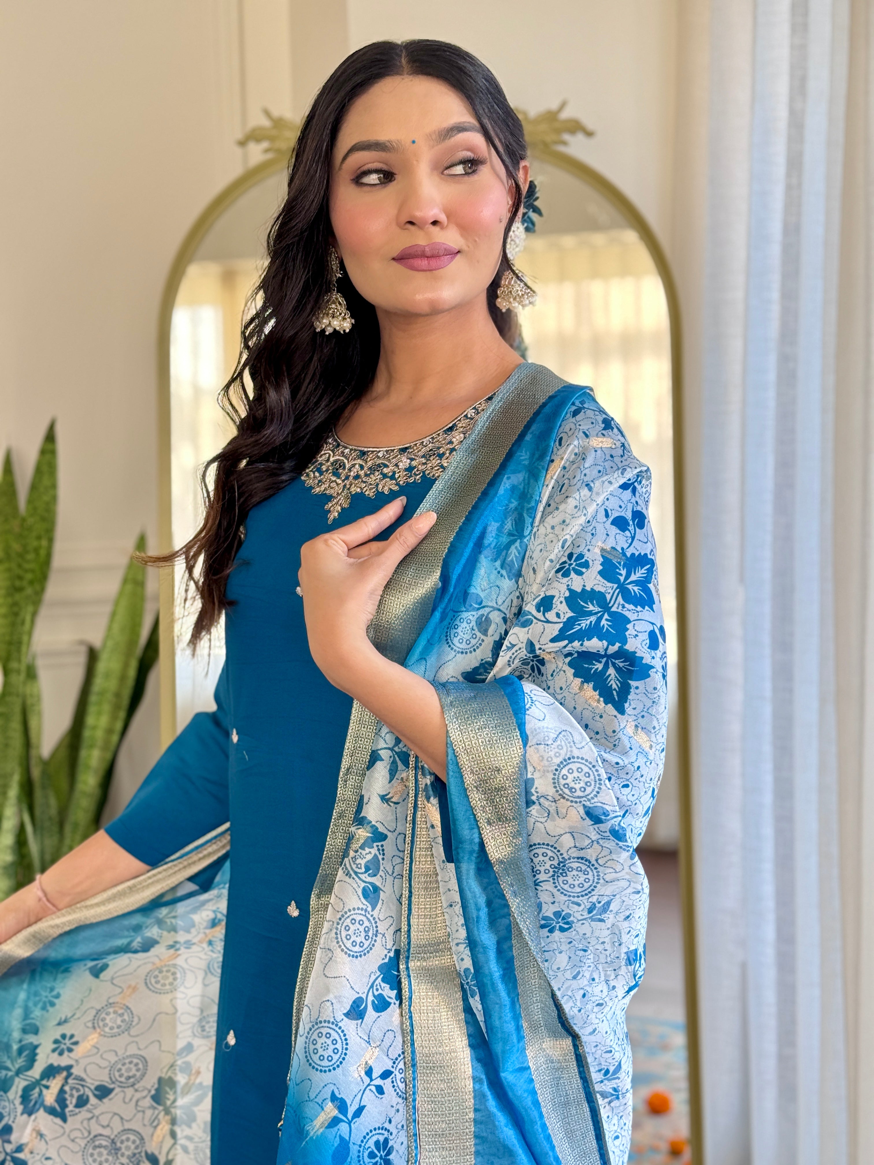 Women’s Roman Silk Embroidered Suit Set with Organza Jacquard Butti Dupatta