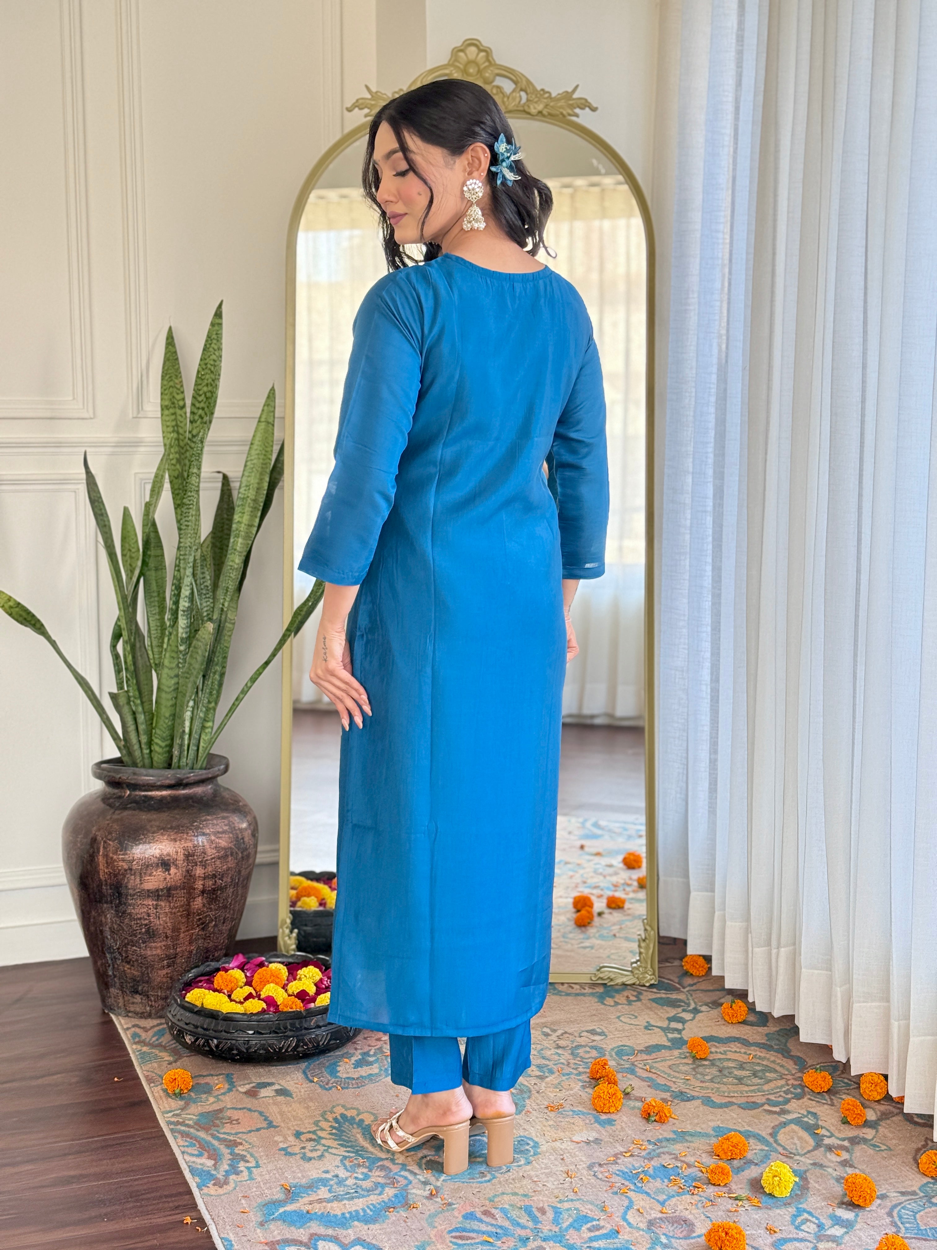 Women’s Roman Silk Embroidered Suit Set with Organza Jacquard Butti Dupatta