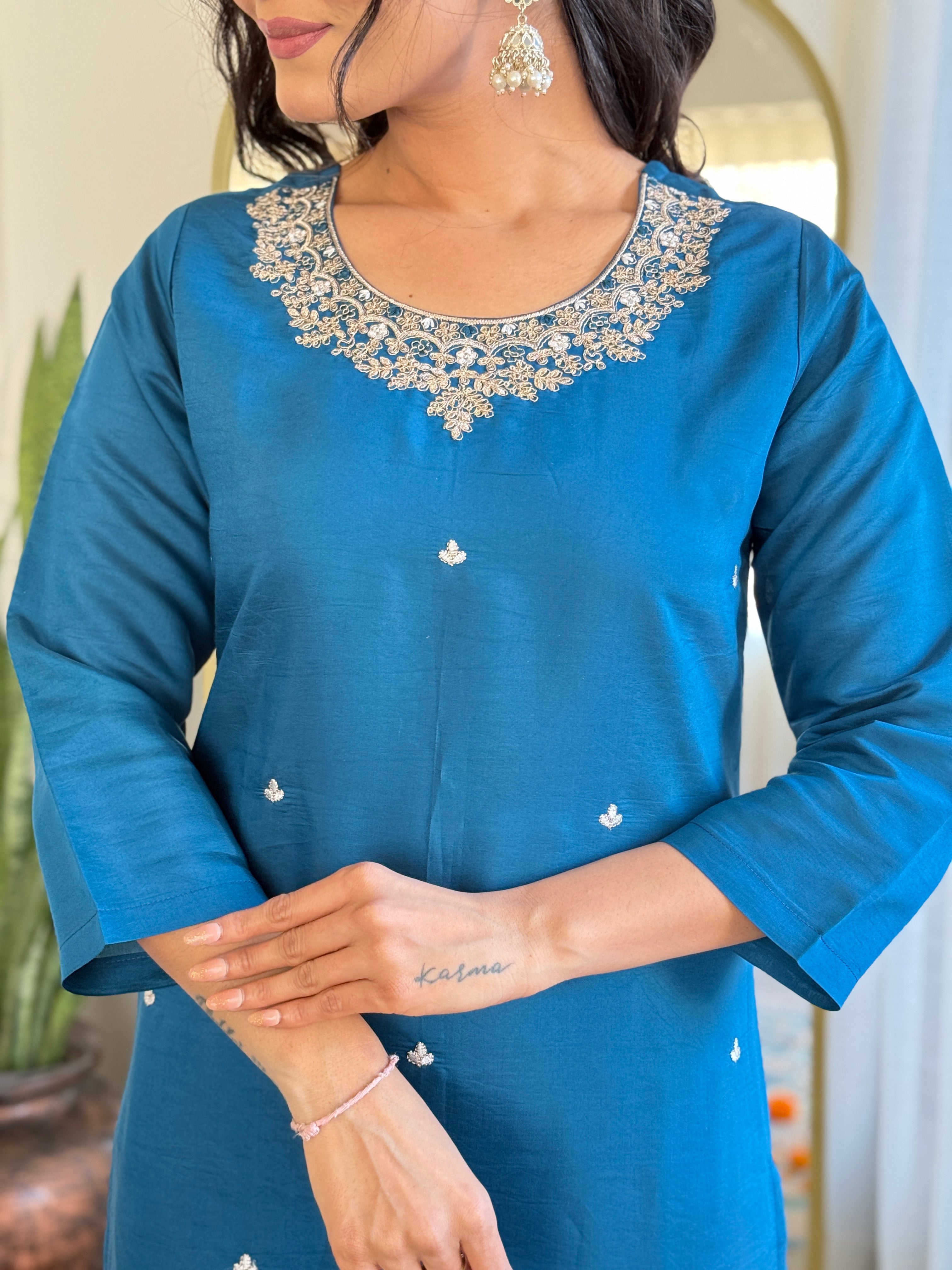 Women’s Roman Silk Embroidered Suit Set with Organza Jacquard Butti Dupatta