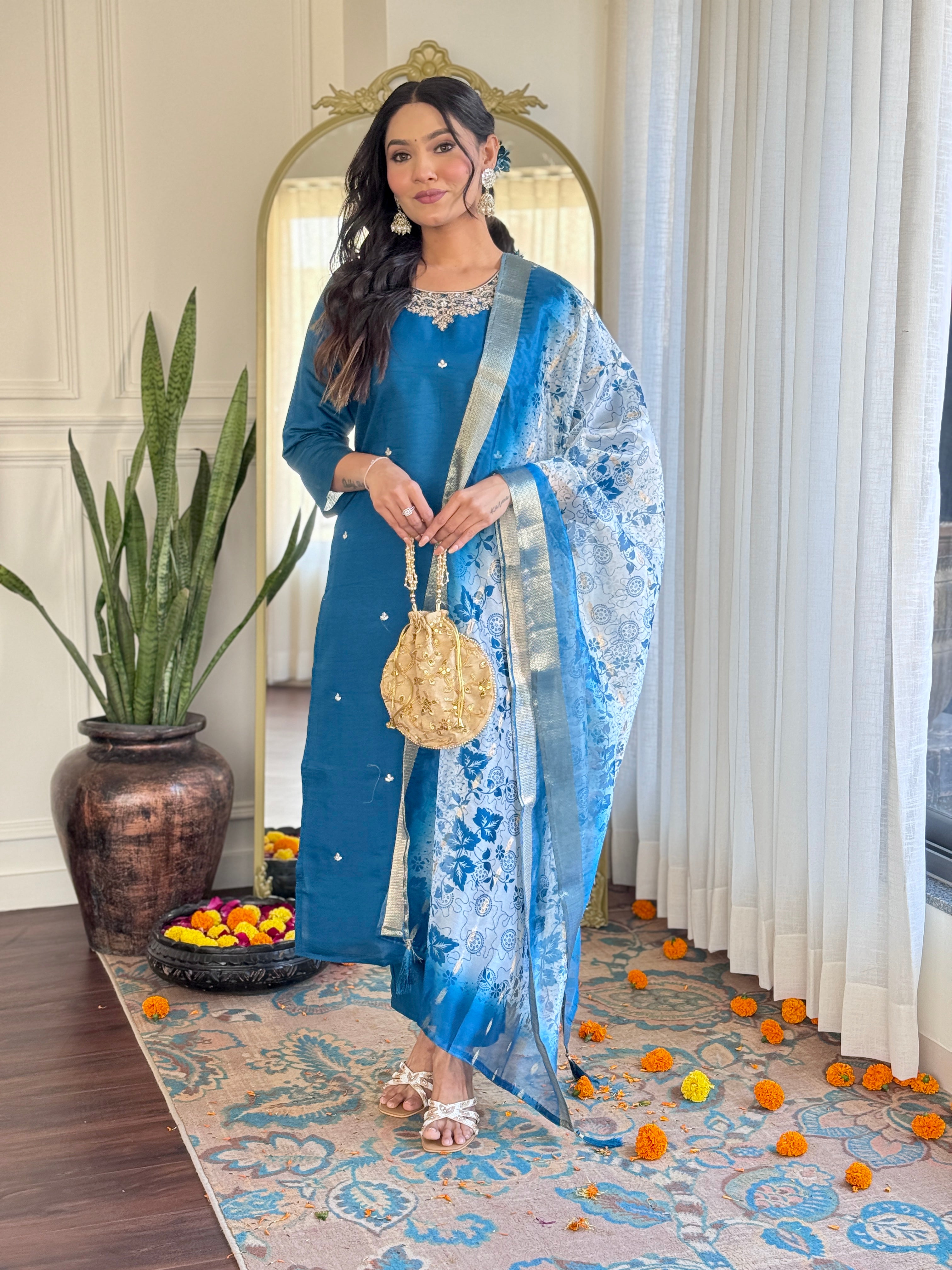 Women’s Roman Silk Embroidered Suit Set with Organza Jacquard Butti Dupatta