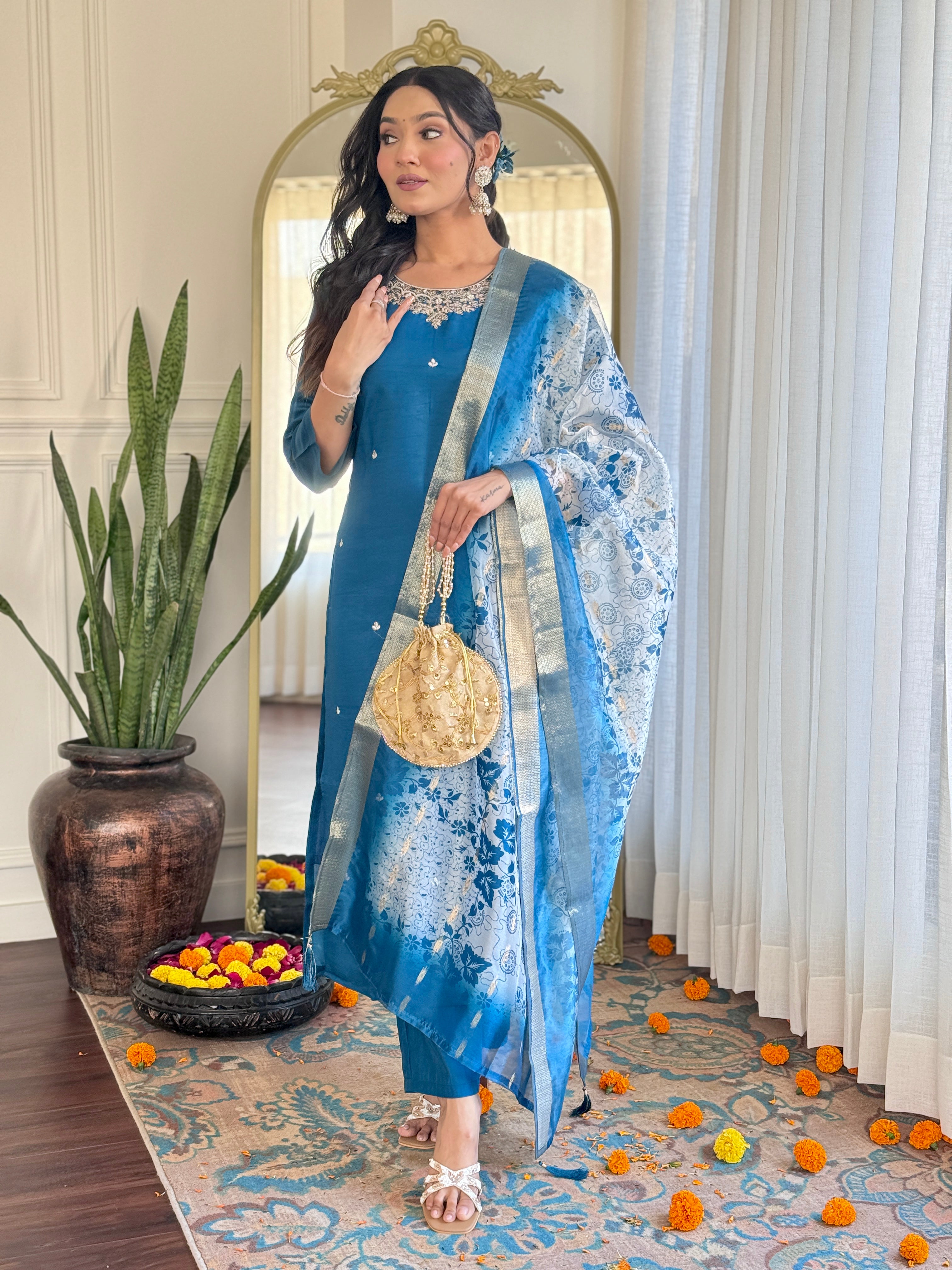 Women’s Roman Silk Embroidered Suit Set with Organza Jacquard Butti Dupatta