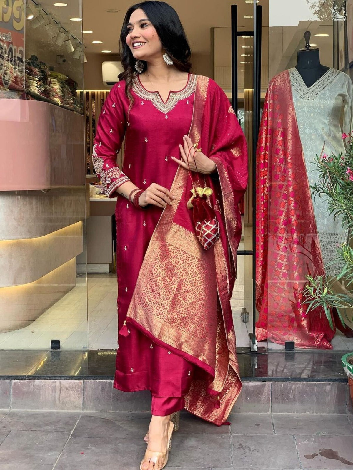 Women’s Viscose Chanderi Embroidered Suit Set with Jacquard Dupatta