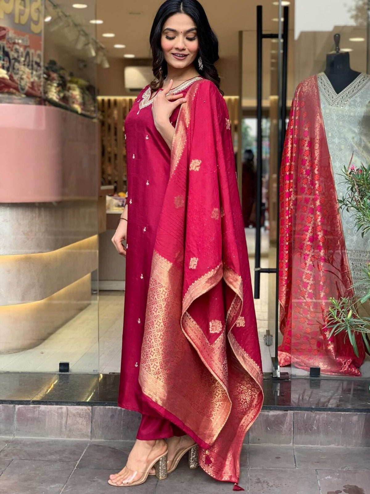 Women’s Viscose Chanderi Embroidered Suit Set with Jacquard Dupatta