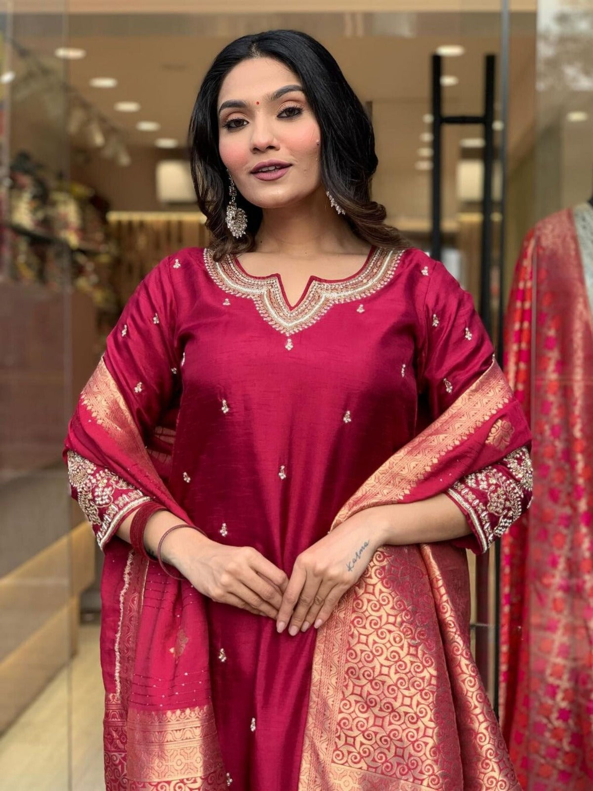 Women’s Viscose Chanderi Embroidered Suit Set with Jacquard Dupatta