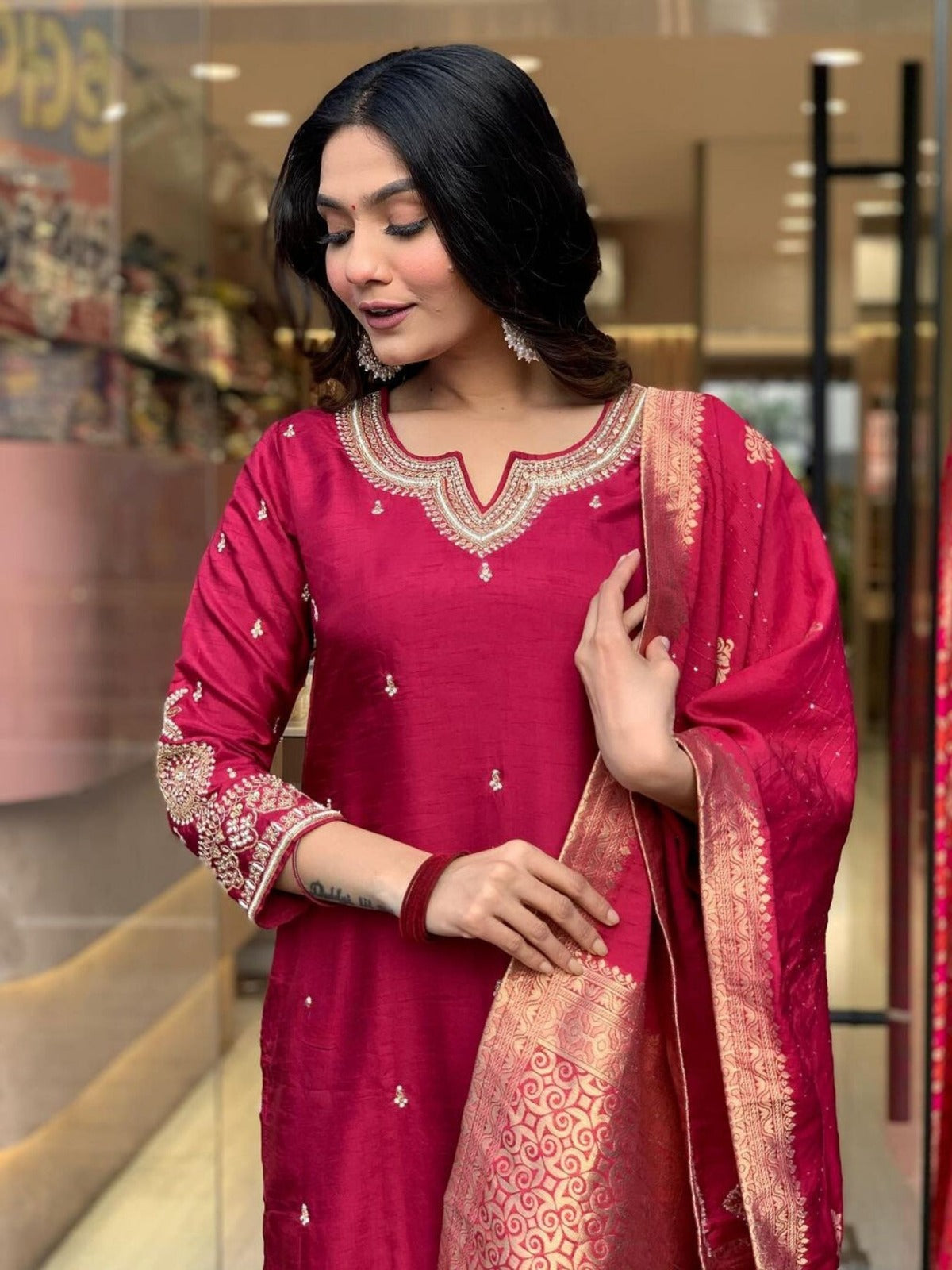 Women’s Viscose Chanderi Embroidered Suit Set with Jacquard Dupatta