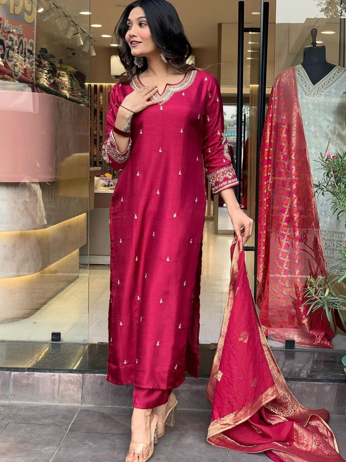 Women’s Viscose Chanderi Embroidered Suit Set with Jacquard Dupatta