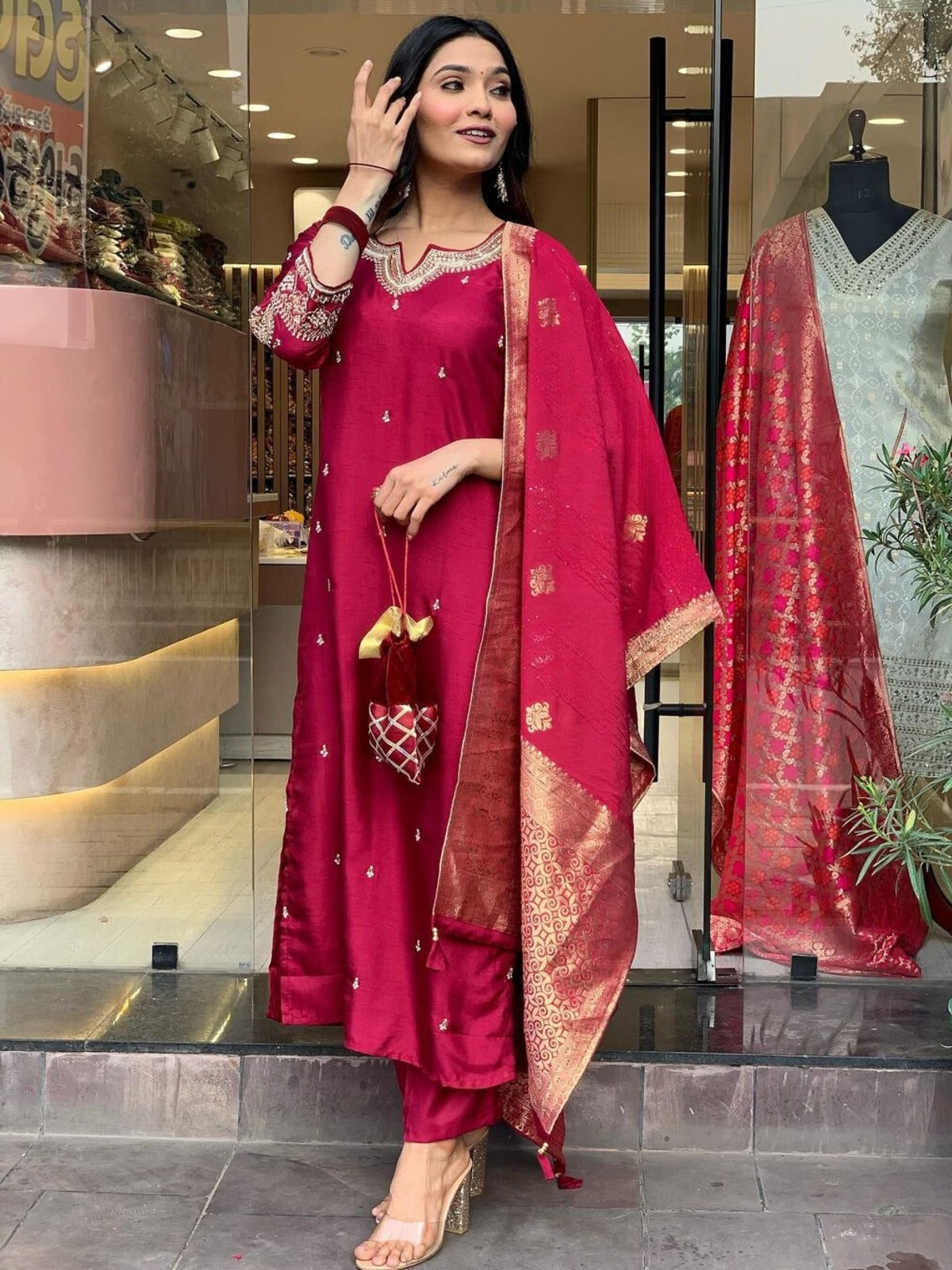 Women’s Viscose Chanderi Embroidered Suit Set with Jacquard Dupatta