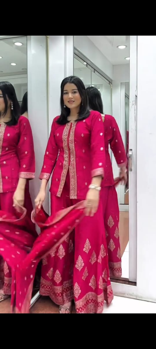 Rani Pink & Purple Embroidered Straight Kurta with Palazzo & Dupatta Set