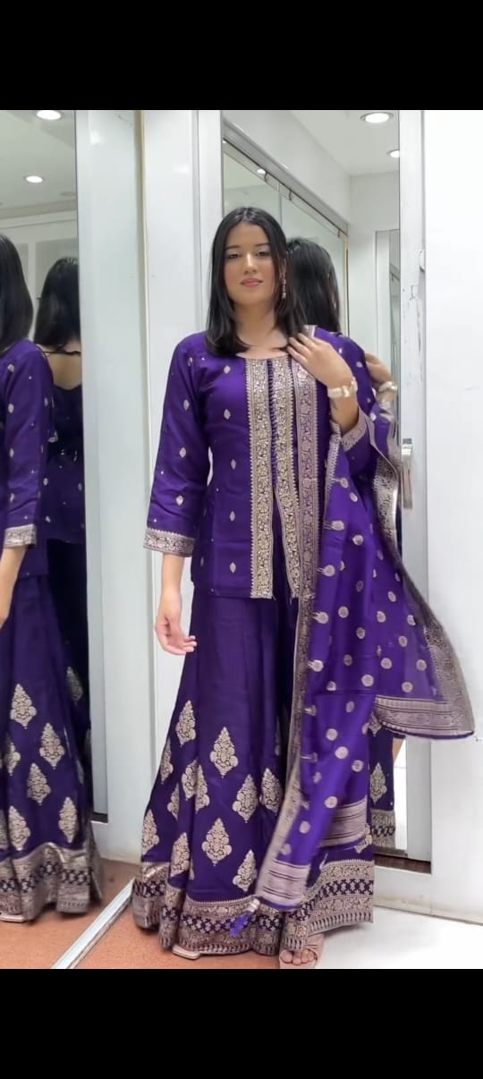 Rani Pink & Purple Embroidered Straight Kurta with Palazzo & Dupatta Set