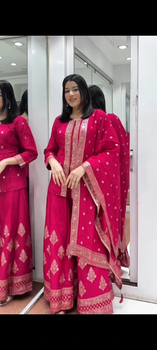 Rani Pink & Purple Embroidered Straight Kurta with Palazzo & Dupatta Set