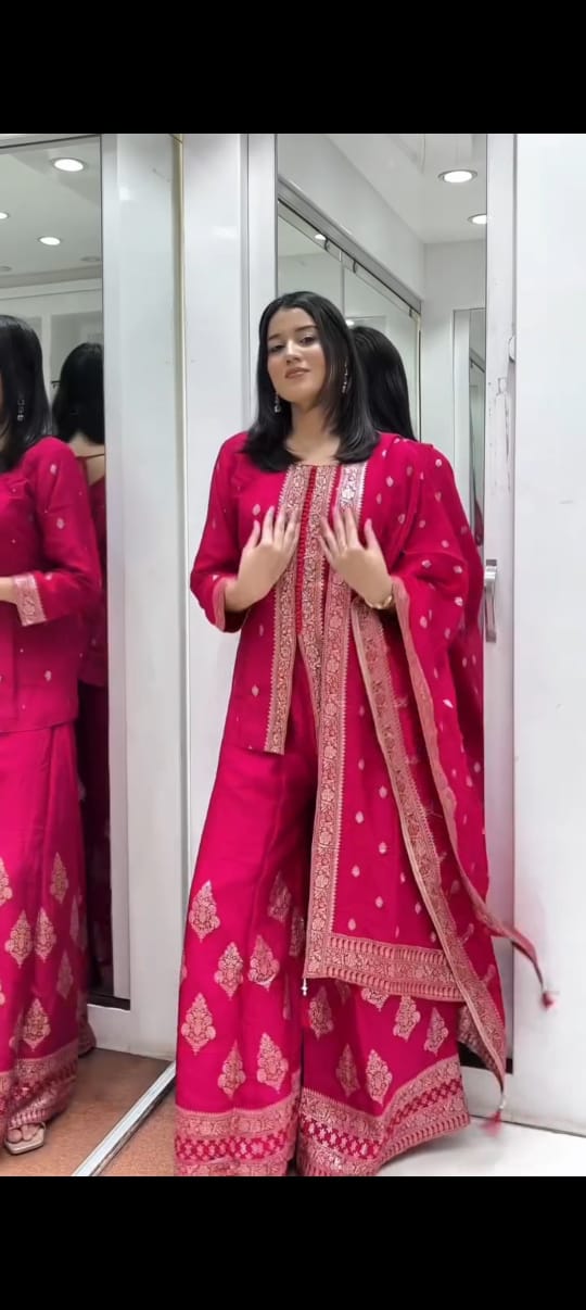 Rani Pink & Purple Embroidered Straight Kurta with Palazzo & Dupatta Set