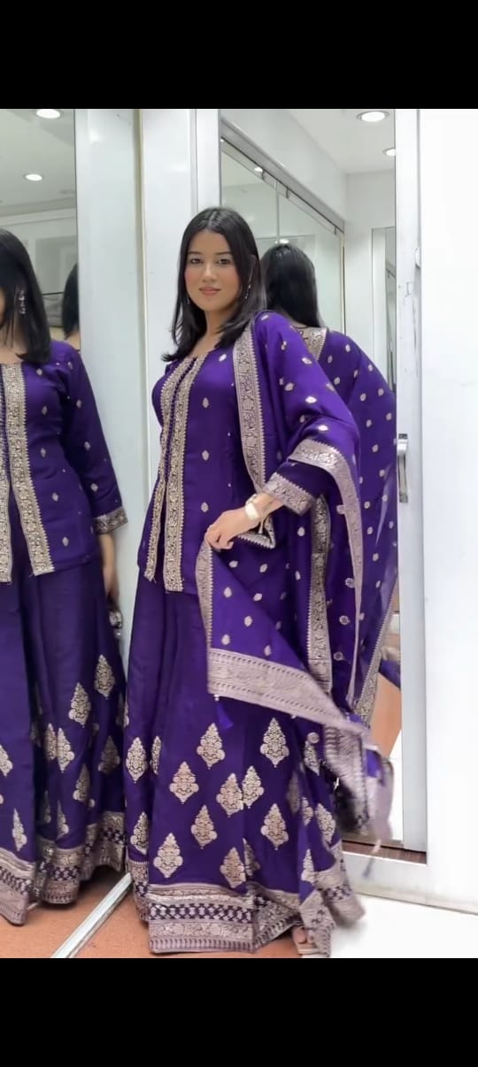 Rani Pink & Purple Embroidered Straight Kurta with Palazzo & Dupatta Set