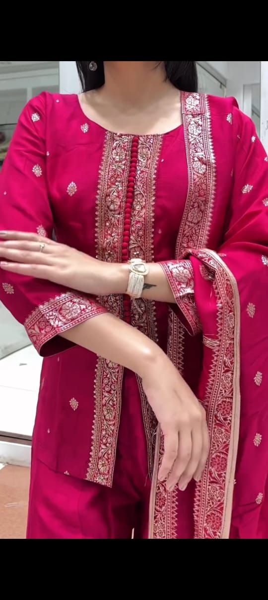 Rani Pink & Purple Embroidered Straight Kurta with Palazzo & Dupatta Set