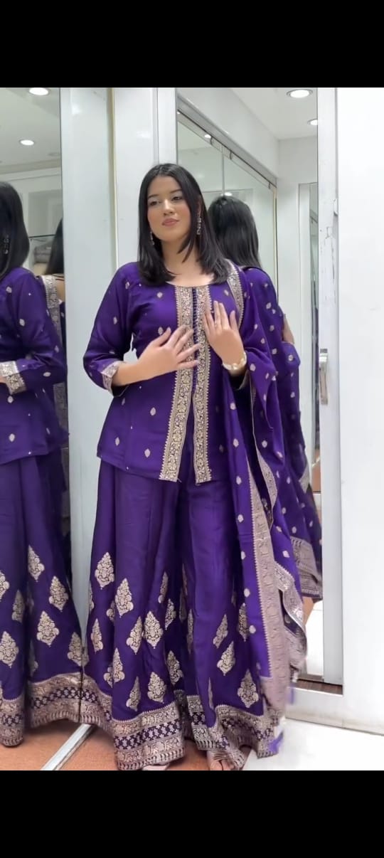 Rani Pink & Purple Embroidered Straight Kurta with Palazzo & Dupatta Set