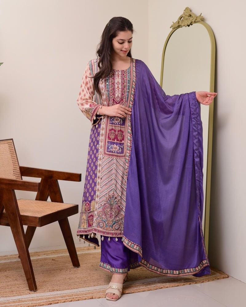 Pure Chinon Anarkali Kurti Set with Dupatta & Pearl Necklace