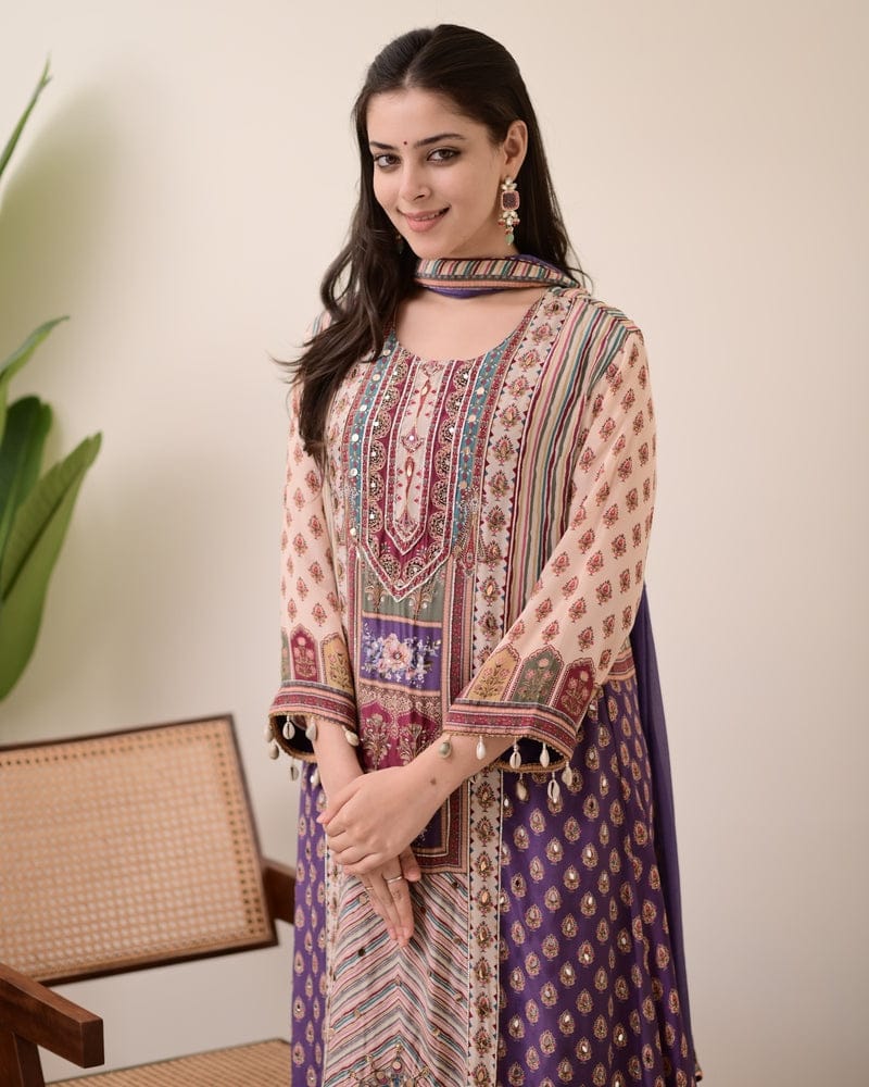 Pure Chinon Anarkali Kurti Set with Dupatta & Pearl Necklace
