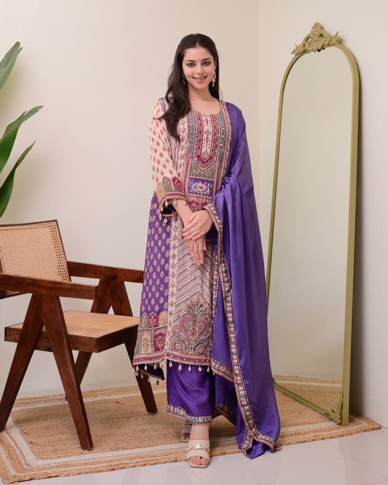 Pure Chinon Anarkali Kurti Set with Dupatta & Pearl Necklace