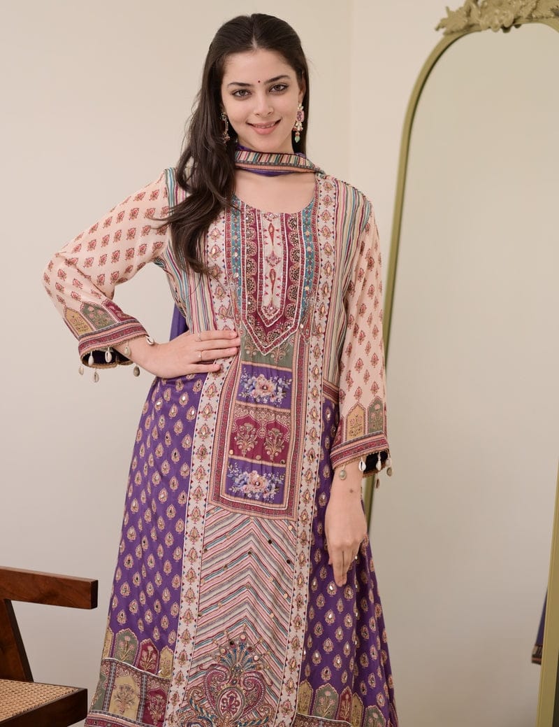 Pure Chinon Anarkali Kurti Set with Dupatta & Pearl Necklace