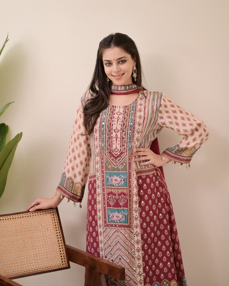 Pure Chinon Anarkali Kurti Set with Dupatta & Pearl Necklace