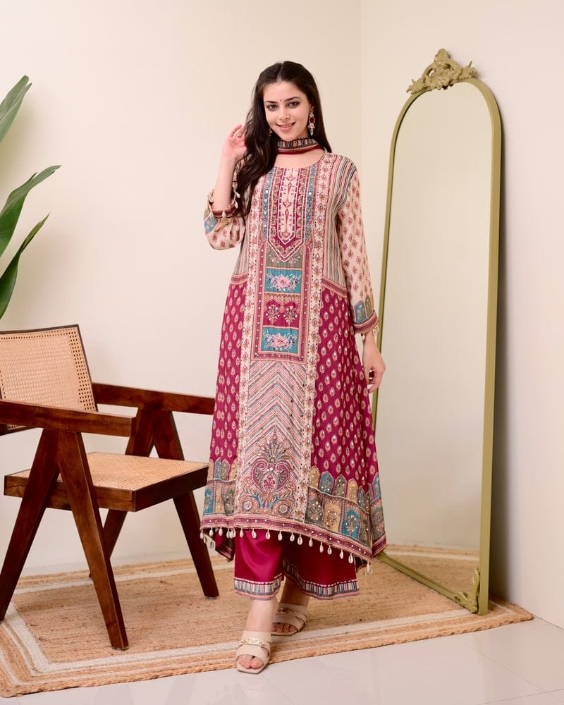 Pure Chinon Anarkali Kurti Set with Dupatta & Pearl Necklace