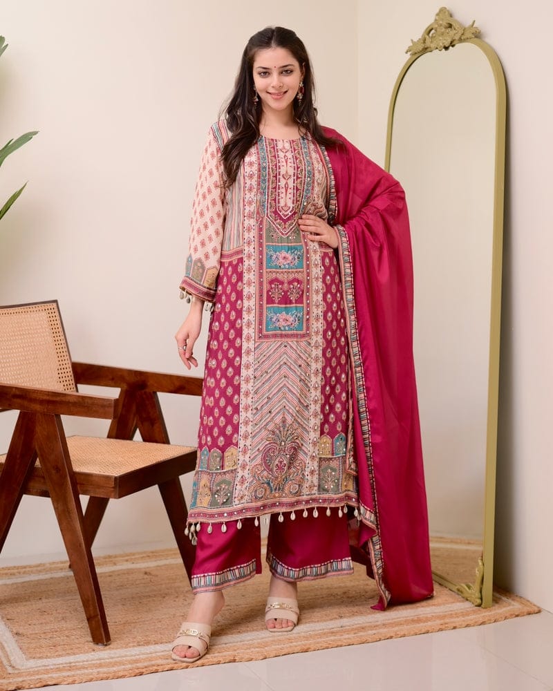 Pure Chinon Anarkali Kurti Set with Dupatta & Pearl Necklace