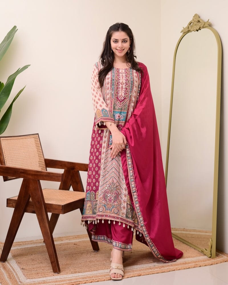 Pure Chinon Anarkali Kurti Set with Dupatta & Pearl Necklace