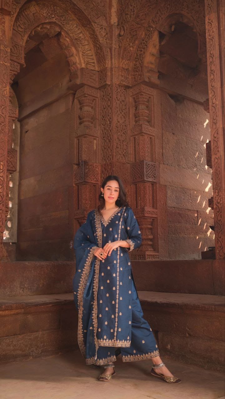 Chanderi Silk Embroidered Kurta Set with Dupatta