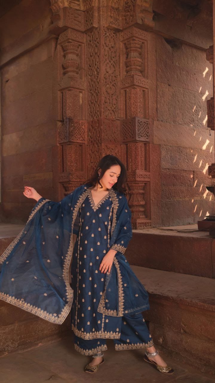 Chanderi Silk Embroidered Kurta Set with Dupatta
