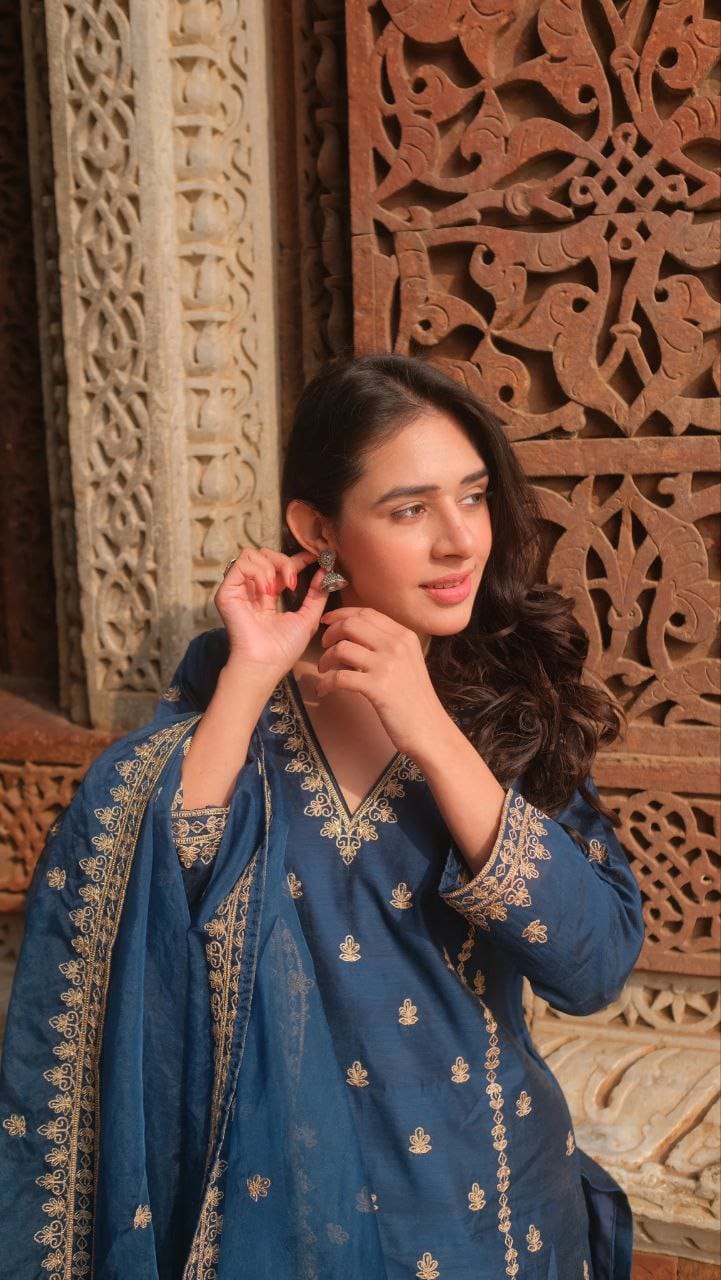 Chanderi Silk Embroidered Kurta Set with Dupatta